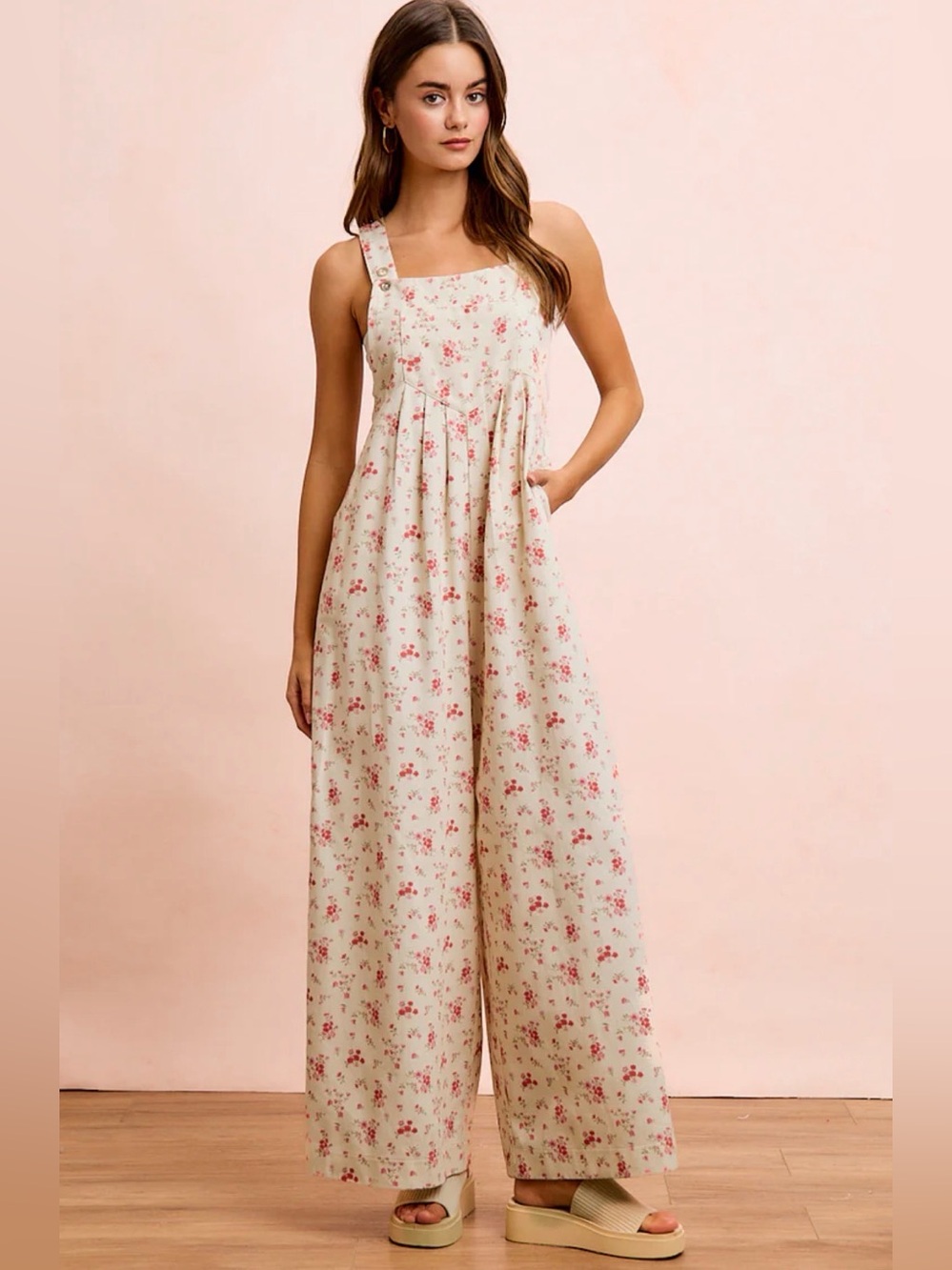 BiBi Cream Jumpsuit Overalls with Pink Floral Print